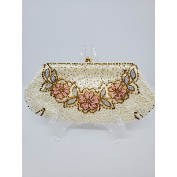 Antique Handmade in France Beautiful Beaded Clutch Evening Purse w Floral Design - Picture 1 of 6